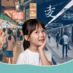 Split-screen of Singapore's hawker centre and MRT station with a student observing.
