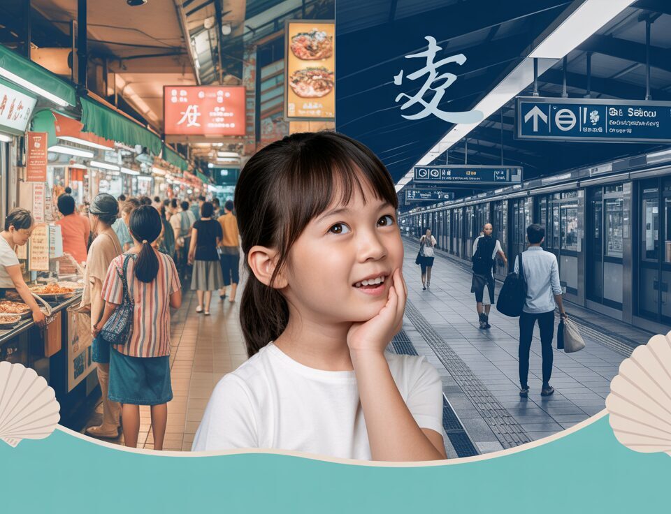 Split-screen of Singapore's hawker centre and MRT station with a student observing.
