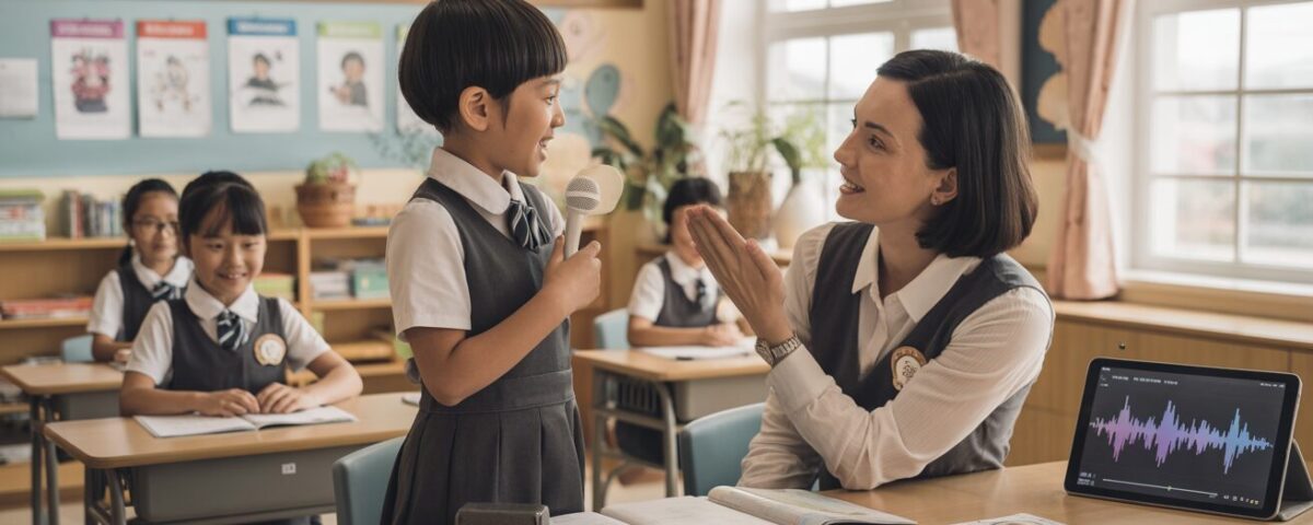 Student at Seashell Academy practices Chinese with attentive teacher in a nurturing classroom.