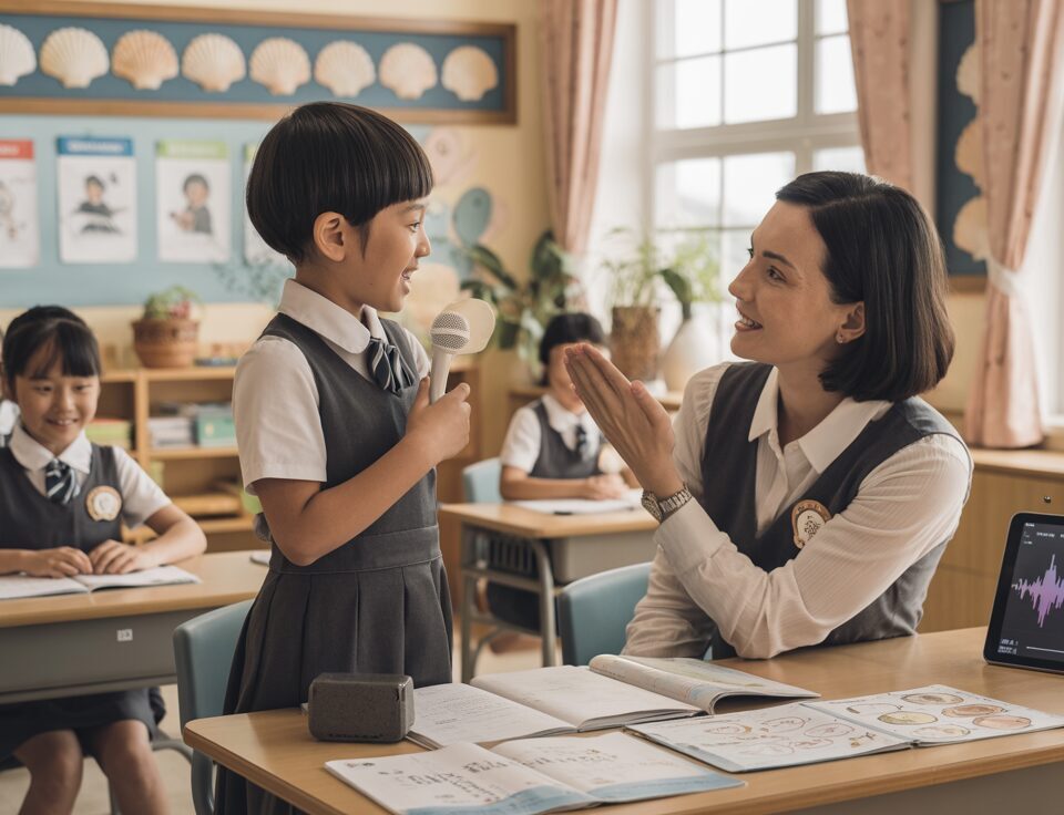 Student at Seashell Academy practices Chinese with attentive teacher in a nurturing classroom.