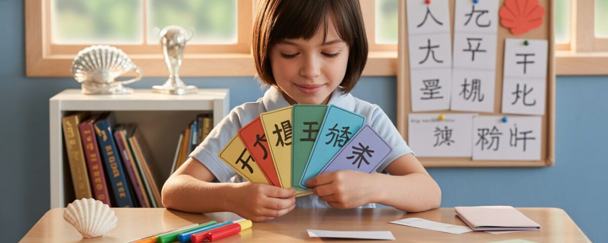 Student crafting colorful Chinese flashcards at sunlit desk, focused and creative.
