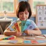 Student crafting colorful Chinese flashcards at sunlit desk, focused and creative.