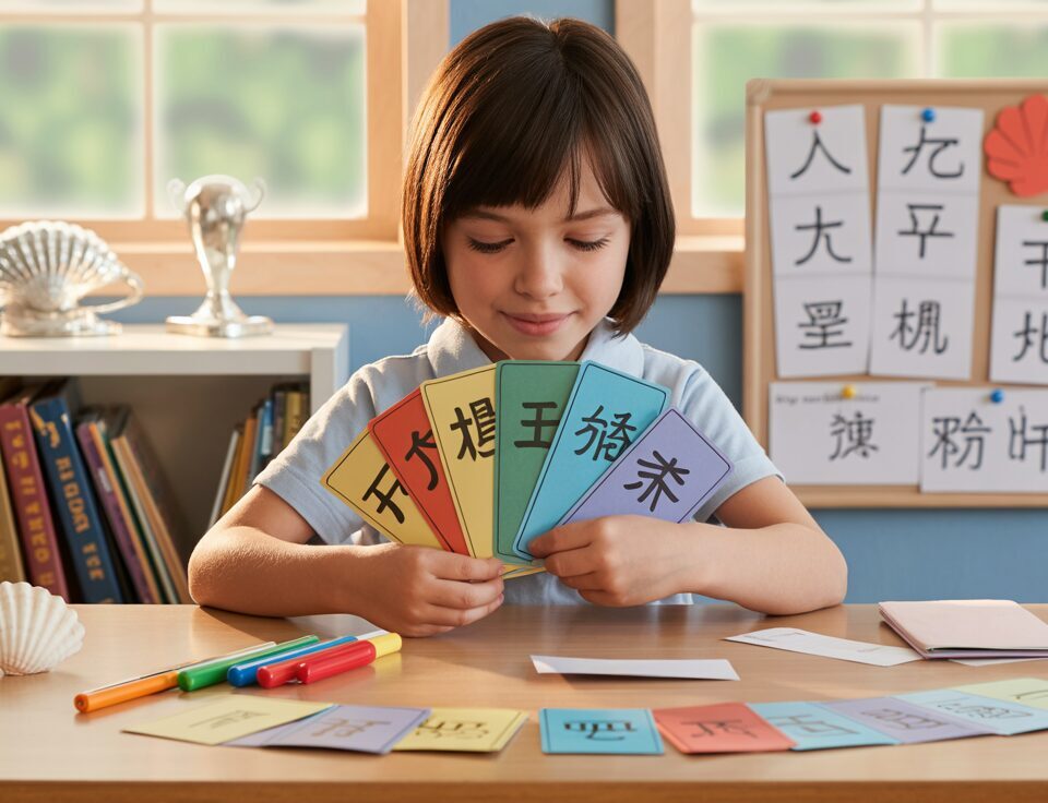 Student crafting colorful Chinese flashcards at sunlit desk, focused and creative.