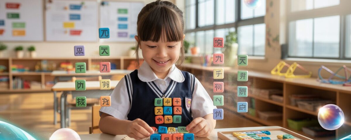 Student in uniform arranges colorful Chinese radicals in bright classroom.