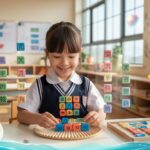 Student in uniform arranges colorful Chinese radicals in bright classroom.