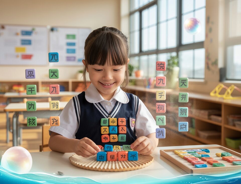 Student in uniform arranges colorful Chinese radicals in bright classroom.