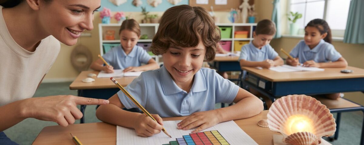 Student solves math problem with teacher's guidance in a warm, seashell-themed classroom.