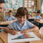Student solves math problem with teacher's guidance in a warm, seashell-themed classroom.