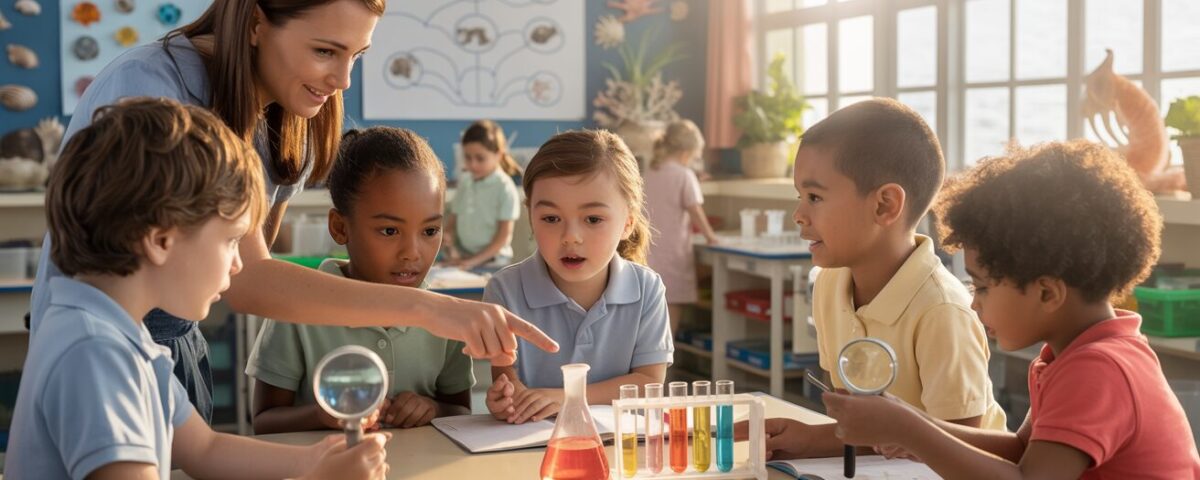 Students at Seashell Academy engaged in a hands-on science experiment with teacher guidance.