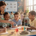 Students at Seashell Academy engaged in a hands-on science experiment with teacher guidance.