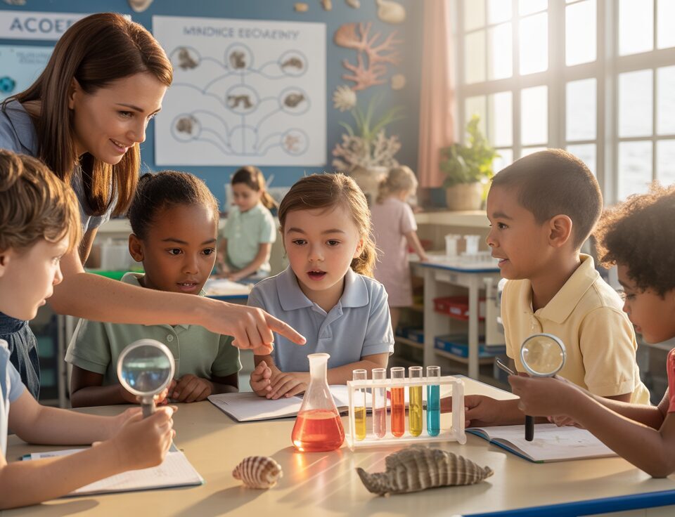 Students at Seashell Academy engaged in a hands-on science experiment with teacher guidance.