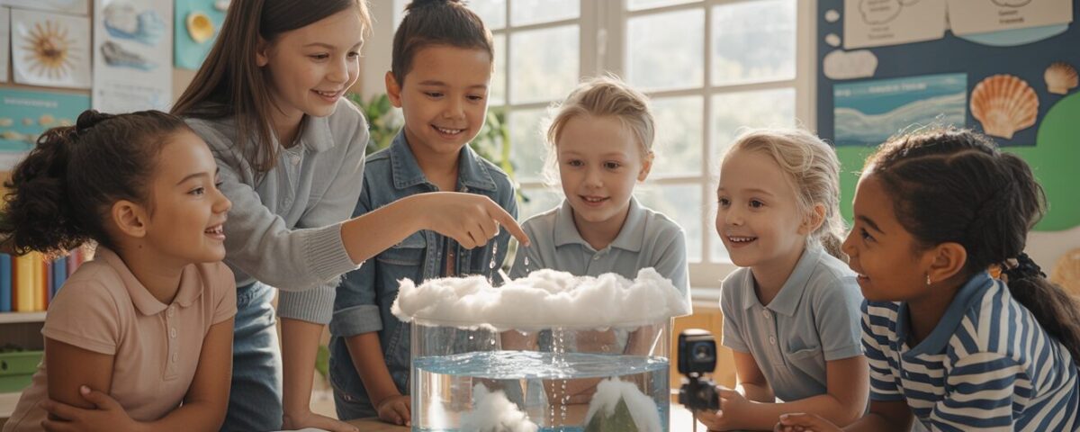 Students explore water cycle model in bright classroom, teacher explains with sunlight streaming.