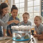Students explore water cycle model in bright classroom, teacher explains with sunlight streaming.