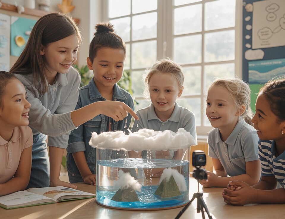 Students explore water cycle model in bright classroom, teacher explains with sunlight streaming.