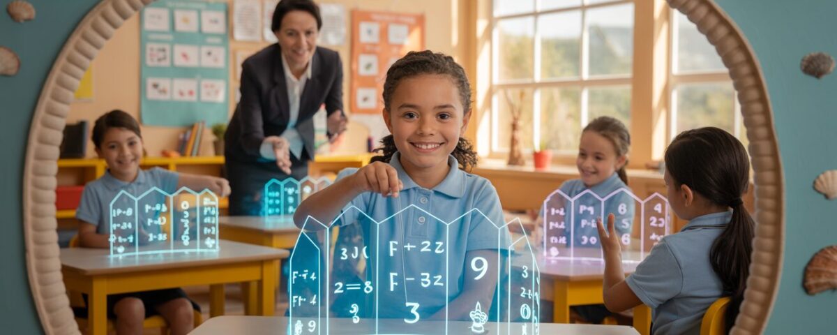 Students in a seashell-themed classroom explore math with holographic memory palaces.