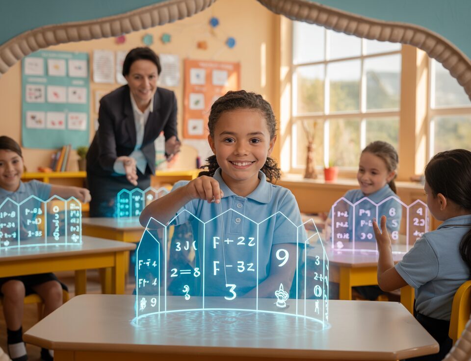 Students in a seashell-themed classroom explore math with holographic memory palaces.