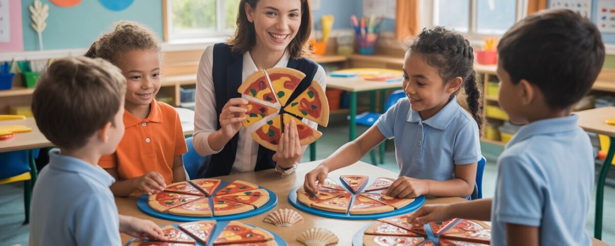 Teacher and diverse students learn fractions with pizza slices in a bright classroom.