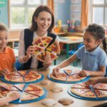 Teacher and diverse students learn fractions with pizza slices in a bright classroom.