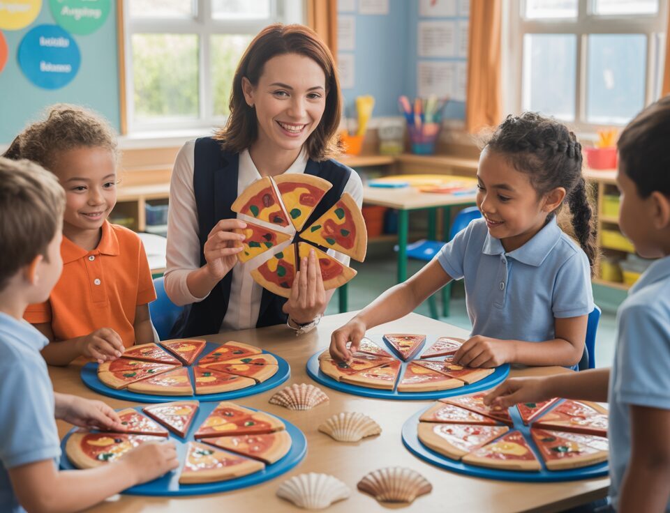 Teacher and diverse students learn fractions with pizza slices in a bright classroom.