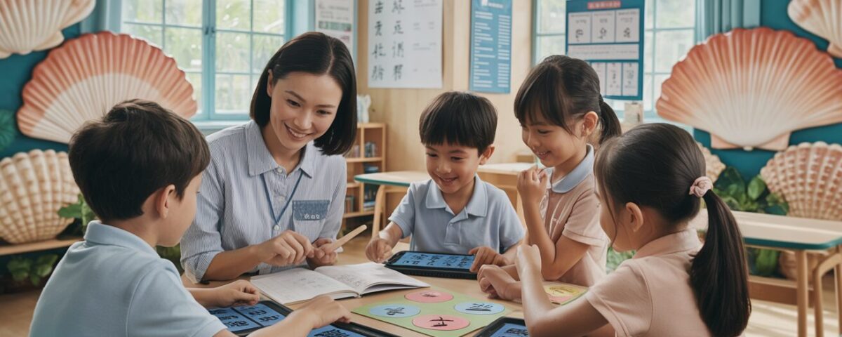 Warm classroom with seashell motifs, teacher guides students in Chinese language learning.