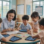 Warm classroom with seashell motifs, teacher guides students in Chinese language learning.