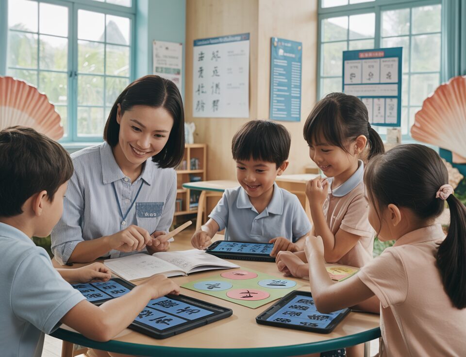 Warm classroom with seashell motifs, teacher guides students in Chinese language learning.