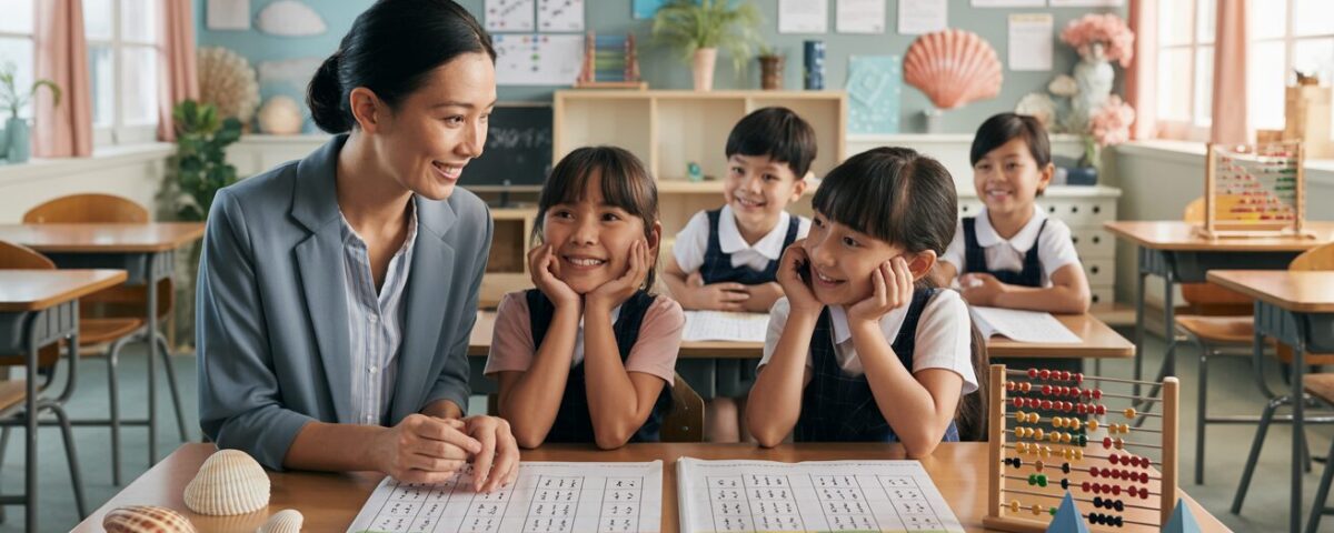Warm classroom with teacher guiding students on math worksheets, seashell-themed decor.