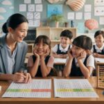 Warm classroom with teacher guiding students on math worksheets, seashell-themed decor.