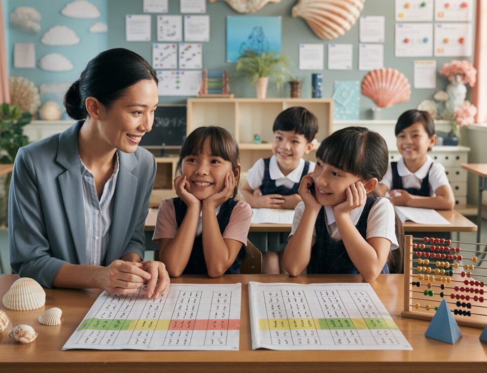 Warm classroom with teacher guiding students on math worksheets, seashell-themed decor.