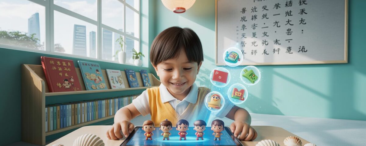 Child engaged with tablet showing Chinese characters in a bright, nurturing classroom.