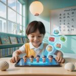 Child engaged with tablet showing Chinese characters in a bright, nurturing classroom.