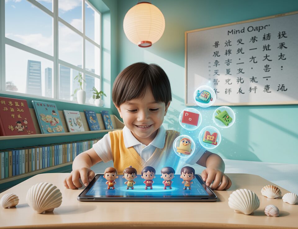 Child engaged with tablet showing Chinese characters in a bright, nurturing classroom.