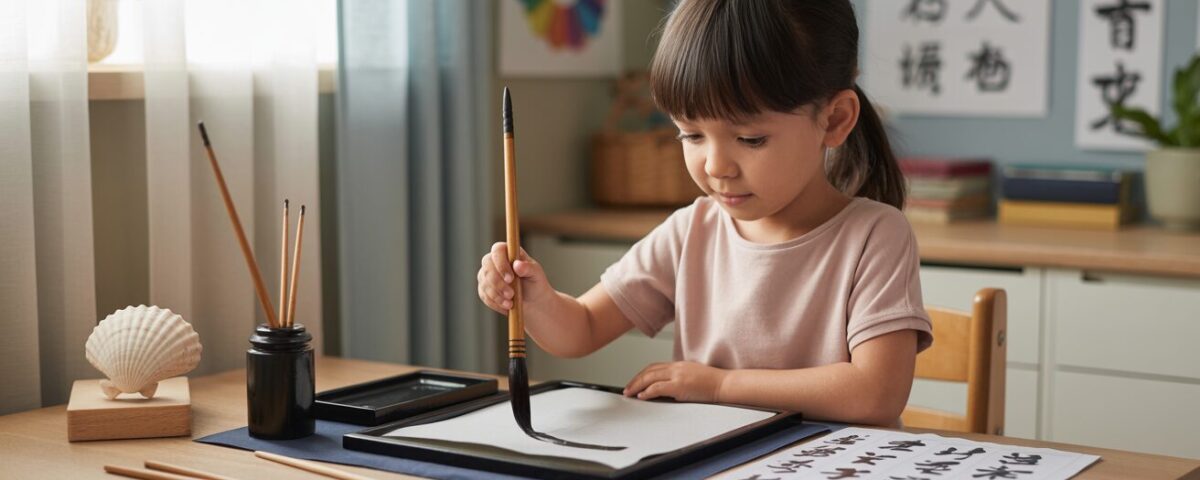 Child practicing Chinese calligraphy at desk, soft sunlight, educational decor.