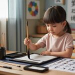 Child practicing Chinese calligraphy at desk, soft sunlight, educational decor.