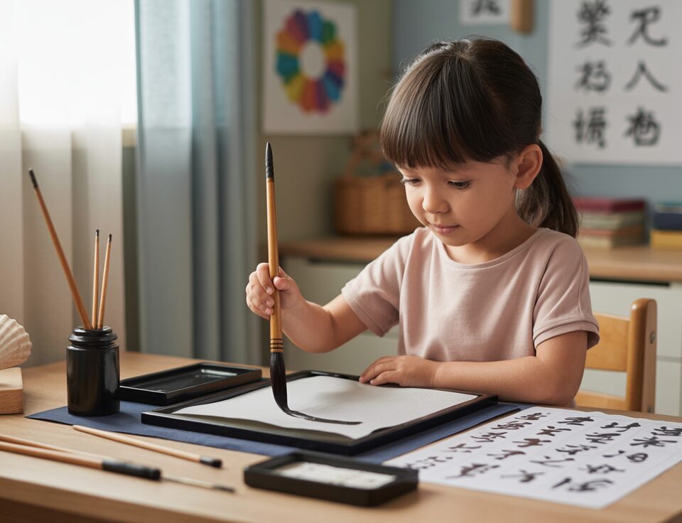 Child practicing Chinese calligraphy at desk, soft sunlight, educational decor.