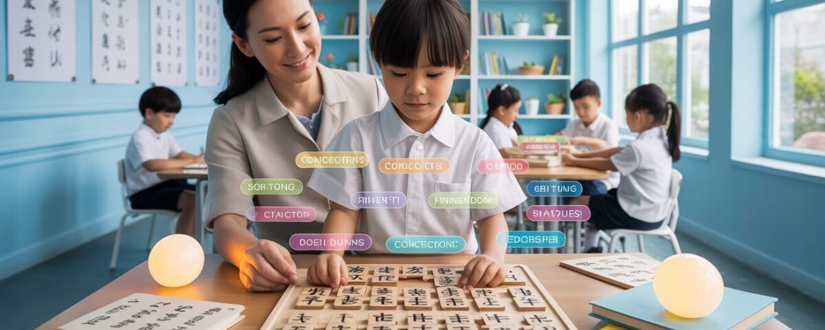 Chinese student assembling wooden puzzle, guided by teacher in bright classroom.