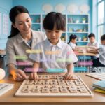 Chinese student assembling wooden puzzle, guided by teacher in bright classroom.