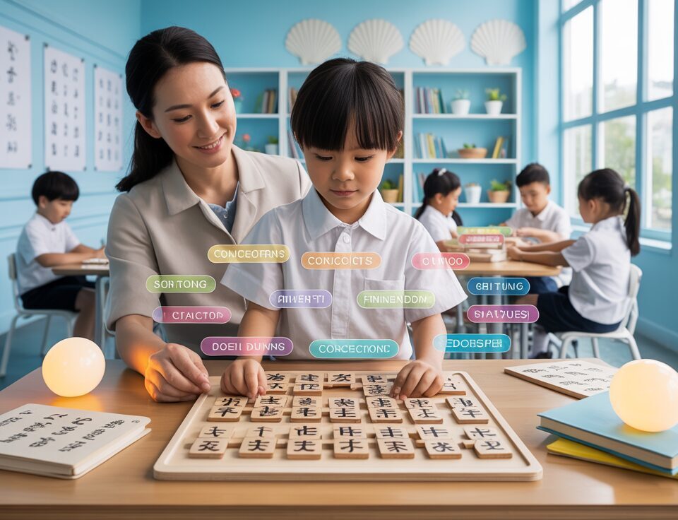 Chinese student assembling wooden puzzle, guided by teacher in bright classroom.