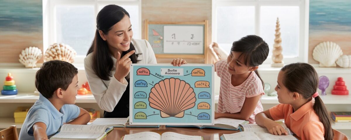 Classroom with students learning ratios, seashell diagram, teacher guiding.