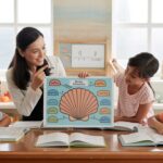 Classroom with students learning ratios, seashell diagram, teacher guiding.