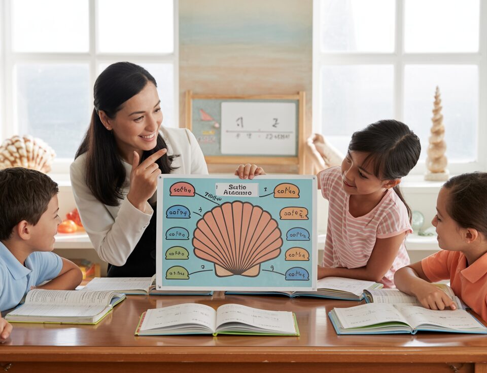 Classroom with students learning ratios, seashell diagram, teacher guiding.