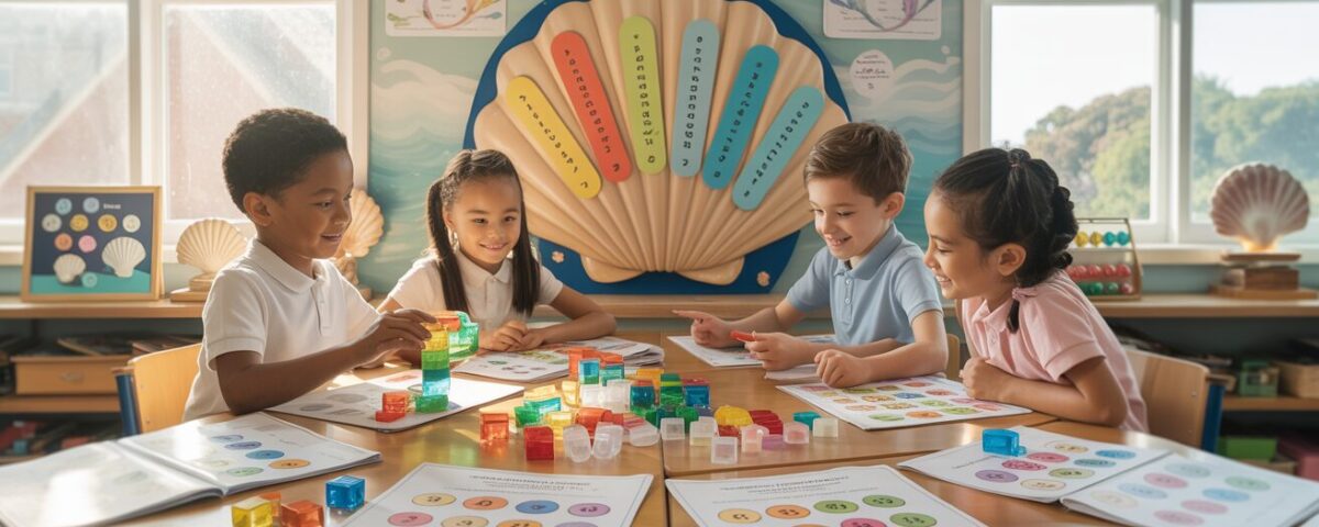 Diverse students in a bright classroom engaged with decimal games and manipulatives.