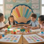 Diverse students in a bright classroom engaged with decimal games and manipulatives.