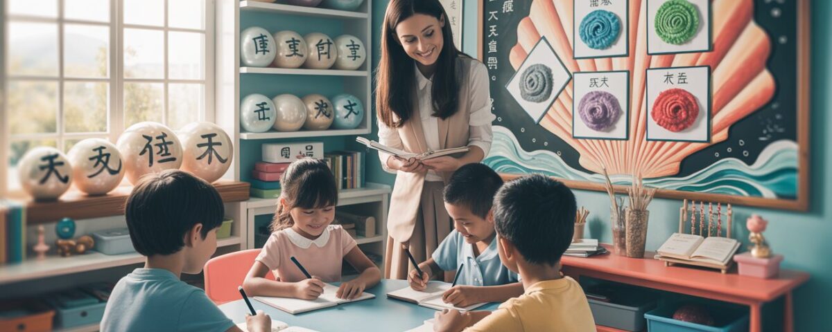 Modern Chinese classroom with teacher, diverse students, mind maps, and ocean decor.
