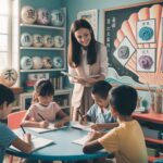 Modern Chinese classroom with teacher, diverse students, mind maps, and ocean decor.