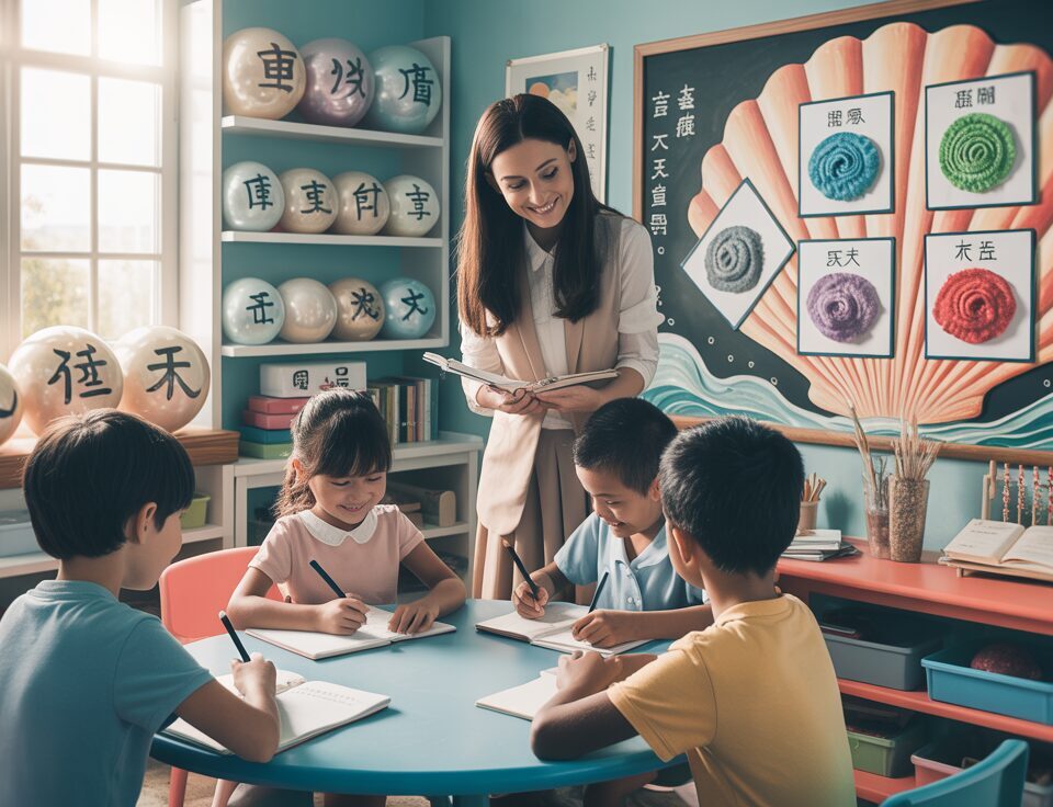 Modern Chinese classroom with teacher, diverse students, mind maps, and ocean decor.
