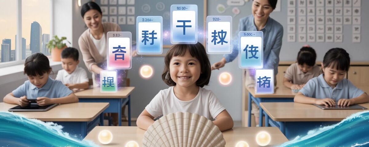 Modern classroom with Chinese focus; student at spiral desk, floating flashcards, teacher guiding.