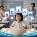 Modern classroom with Chinese focus; student at spiral desk, floating flashcards, teacher guiding.