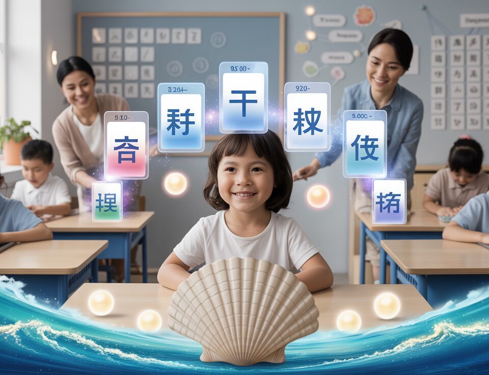 Modern classroom with Chinese focus; student at spiral desk, floating flashcards, teacher guiding.