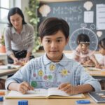 Primary 6 student solves math problem on transparent whiteboard in bright classroom.